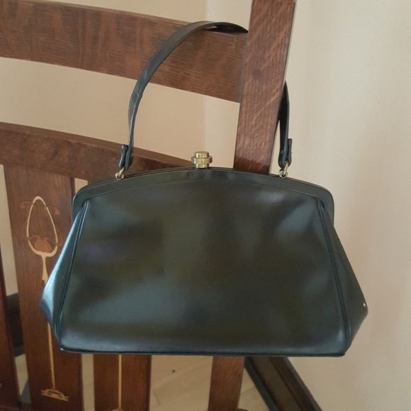 Vintage Mid Century Navy Blue Leather Handbag Purse - Picture 2 of 8